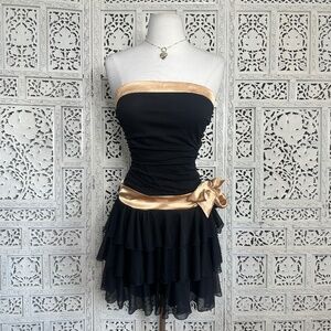 Y2K Byerwear Too! Black & Gold Ruched Drop Waist Formal Cocktail Dress Sz Small